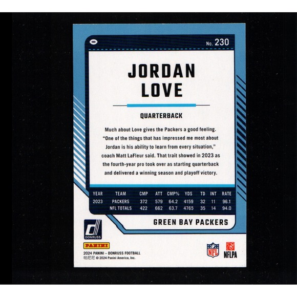 2024‎ Panini Donruss Jordan Love Green Bay Packers Football Card #230 - Picture 2 of 2